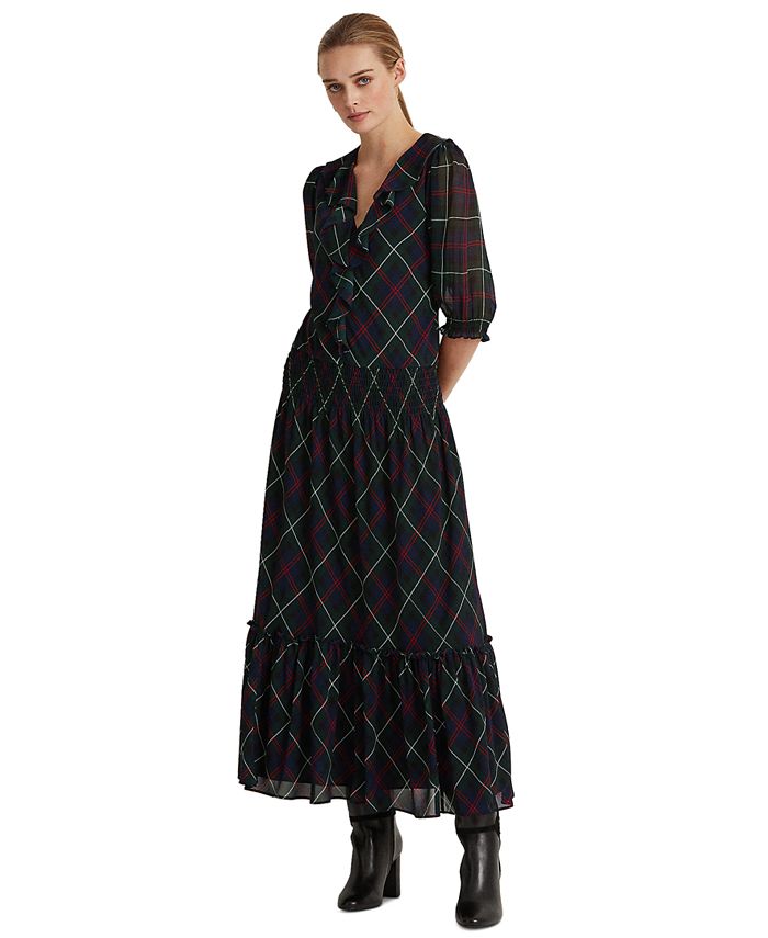 Vestido xadrez georgette feminino Ralph Lauren, preto, tamanho 8