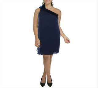 Vestido curto Ralph Lauren feminino de um ombro só para coquetel e festa, azul, tamanho 14