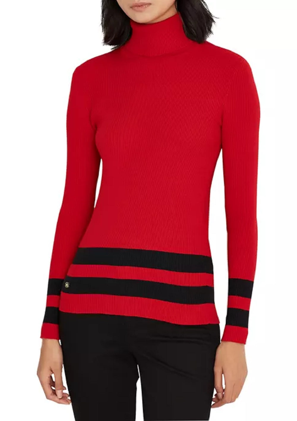 Suéter feminino Ralph Lauren listrado gola alta vermelho tamanho grande