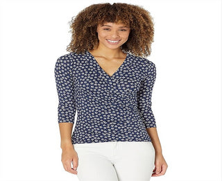 Blusa de malha estilo envelope floral Ralph Lauren feminina, azul, tamanho extragrande