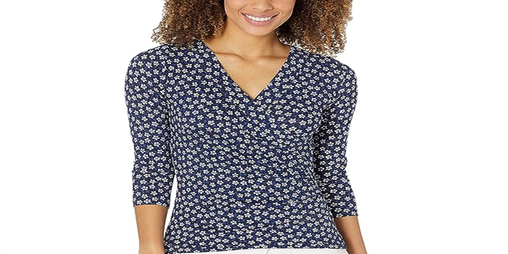 Blusa de malha estilo envelope floral Ralph Lauren feminina, azul, tamanho extragrande