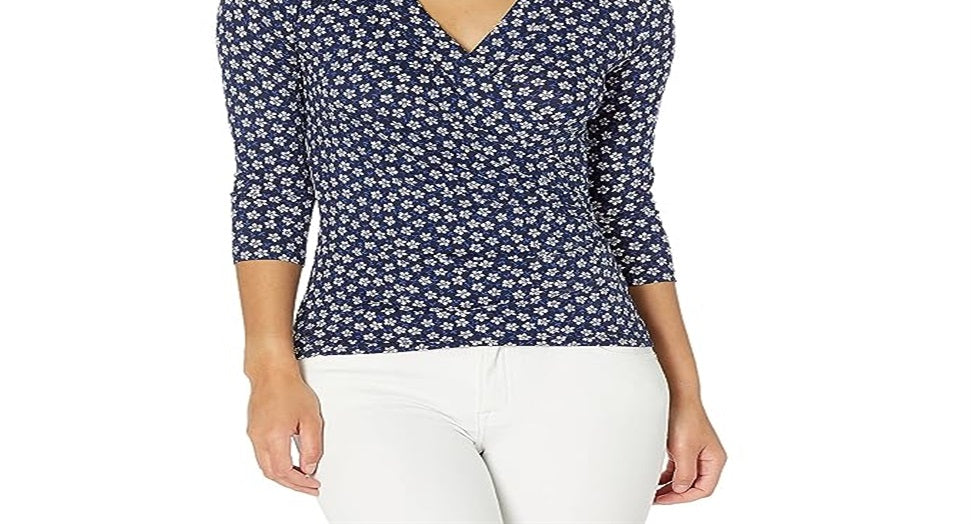 Blusa de malha estilo envelope floral Ralph Lauren feminina, azul, tamanho extragrande