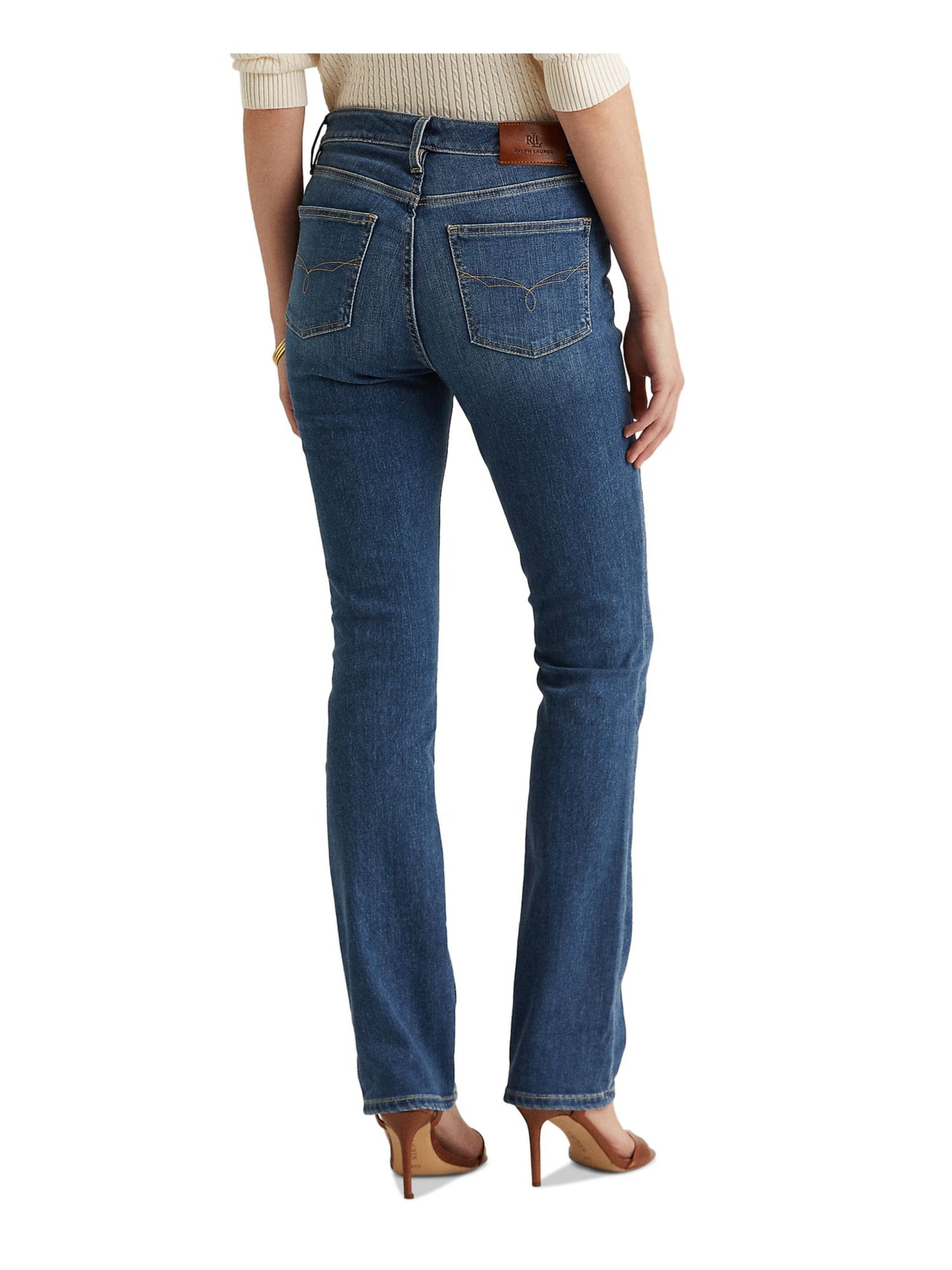 Calça jeans feminina Ralph Lauren Stretch com zíper e bolsos, cintura alta, azul, tamanho 6 Petite