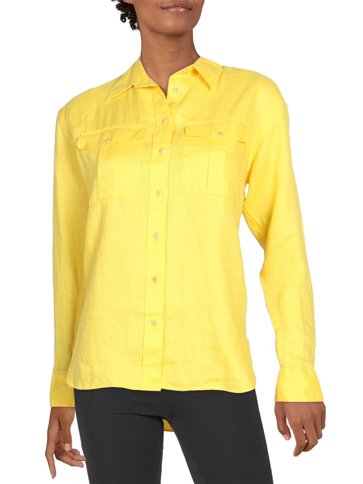 Camisa de linho feminina Ralph Lauren, amarela, tamanho médio