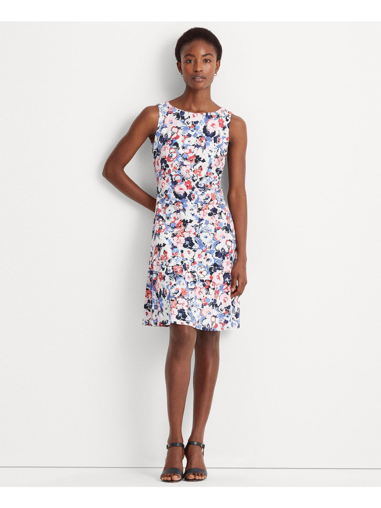 Vestido Ralph Lauren Feminino de Jersey, franzido, justo, forrado, floral, sem mangas, gola alta, acima do joelho, tamanho 16