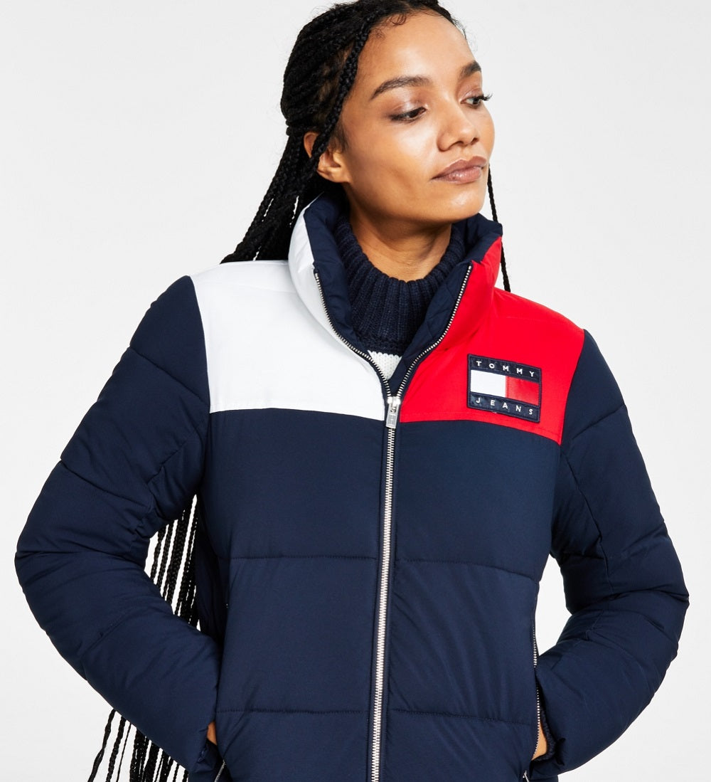 Jaqueta acolchoada feminina Tommy Jeans Colorblocked azul tamanho X-G