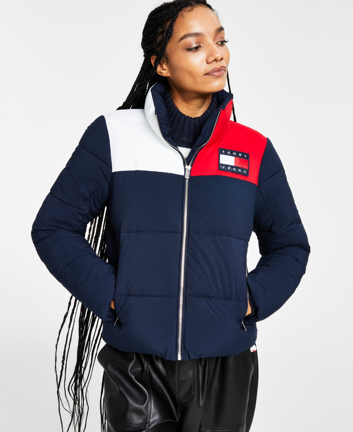 Jaqueta acolchoada feminina Tommy Jeans Colorblocked azul tamanho X-G