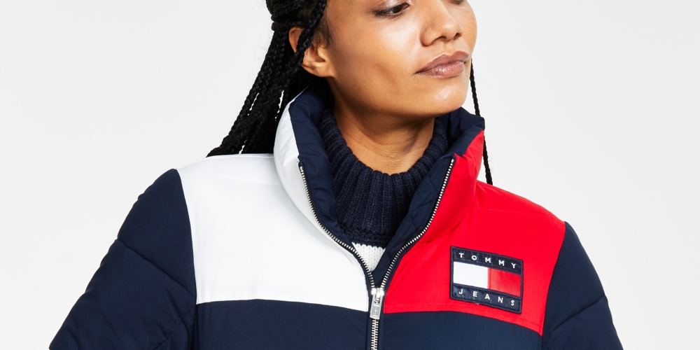 Jaqueta acolchoada feminina Tommy Jeans Colorblocked azul tamanho grande
