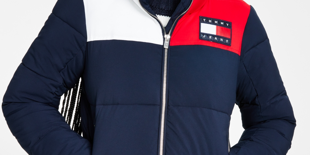 Jaqueta acolchoada feminina Tommy Jeans Colorblocked azul tamanho grande