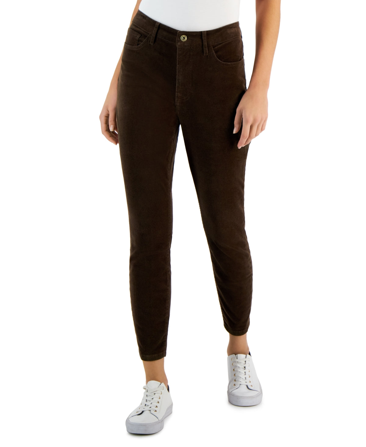 Calça skinny feminina Tommy Hilfiger de veludo cotelê marrom, tamanho 14