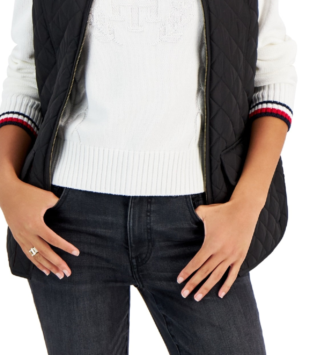 Tommy Hilfiger Colete feminino acolchoado com zíper frontal, preto, tamanho médio