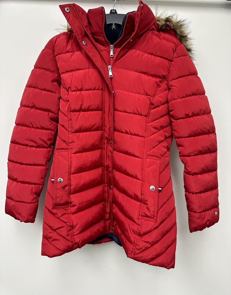 Casaco acolchoado com capuz e acabamento em pele sintética Tommy Hilfiger feminino, vermelho, tamanho pequeno
