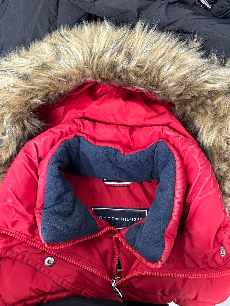 Casaco acolchoado com capuz e acabamento em pele sintética Tommy Hilfiger feminino, vermelho, tamanho pequeno