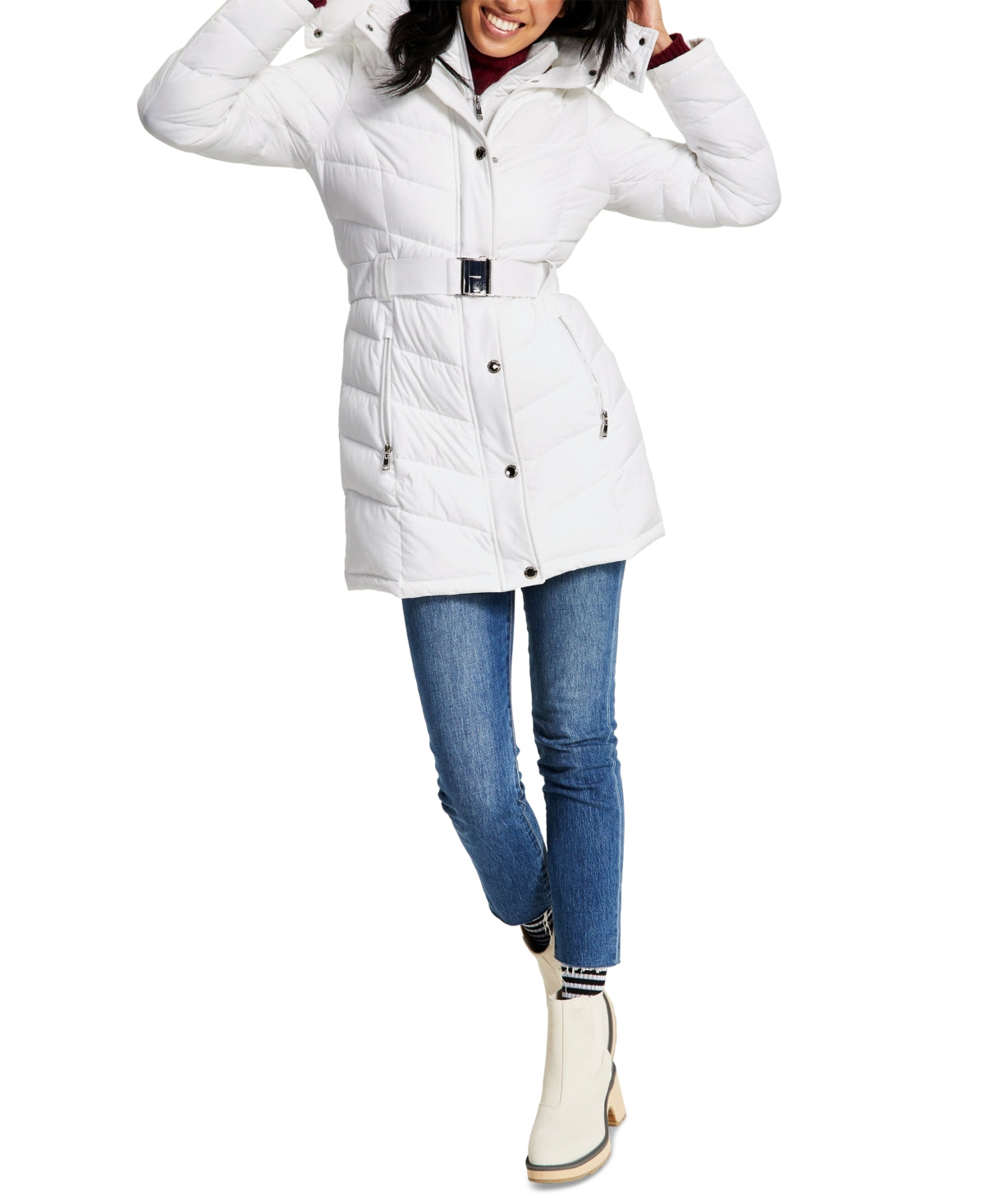 Casaco acolchoado com capuz e acabamento em pele sintética Tommy Hilfiger feminino, branco, tamanho médio