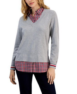 Suéter Tommy Hilfiger Feminino de Algodão com Camadas Cinza Tamanho P