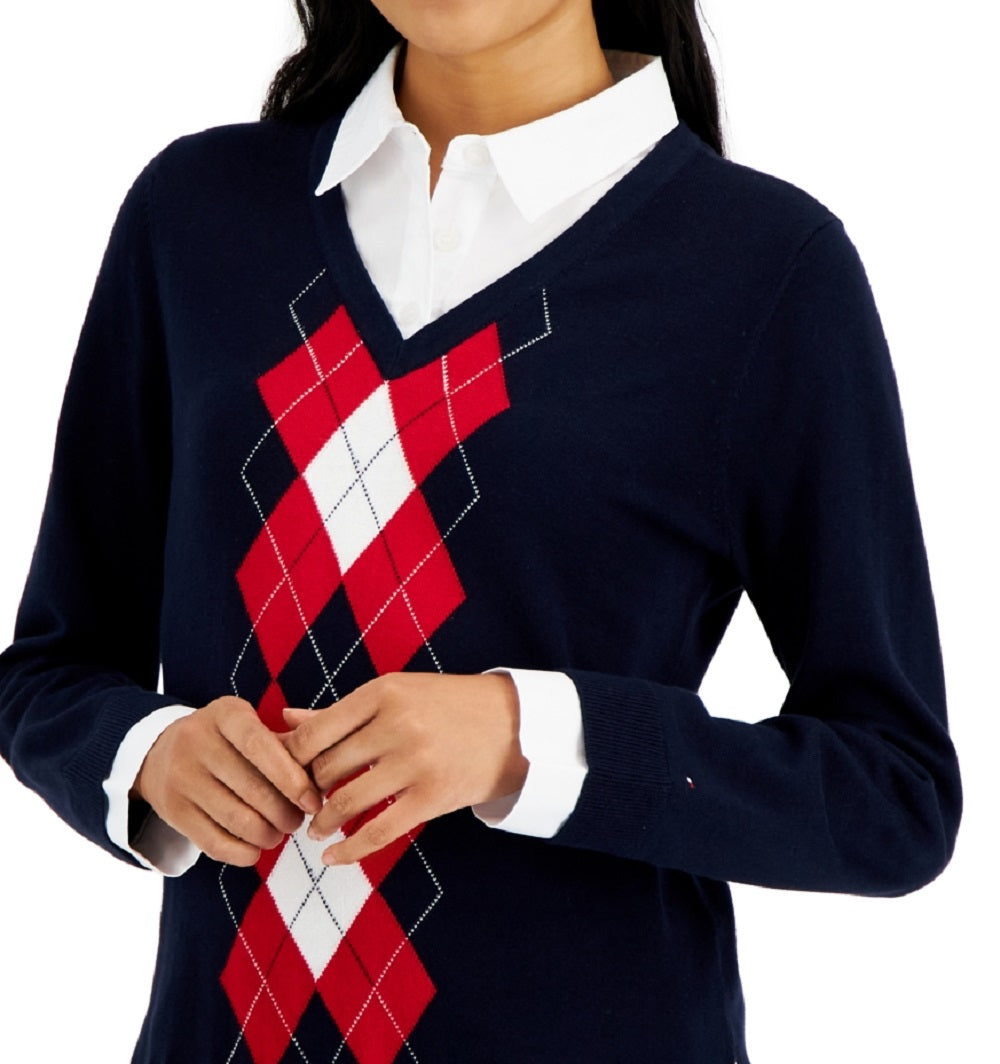 Suéter Tommy Hilfiger Feminino de Algodão com Estampa Argyle e Camadas Azul Tamanho XS