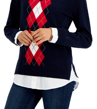 Suéter Tommy Hilfiger Feminino de Algodão com Estampa Argyle e Camadas Azul Tamanho XS