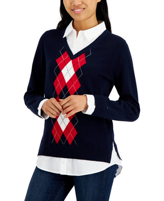 Suéter Tommy Hilfiger Feminino de Algodão com Estampa Argyle e Camadas Azul Tamanho XS