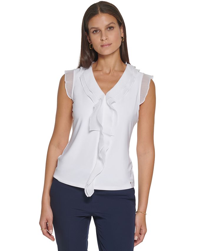 Tommy Hilfiger Blusa Feminina com Babados e Técnica Mista, Branca, Tamanho Médio