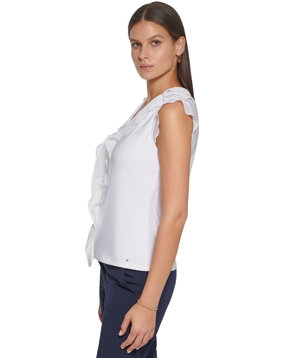 Tommy Hilfiger Blusa Feminina com Babados e Técnica Mista, Branca, Tamanho Médio