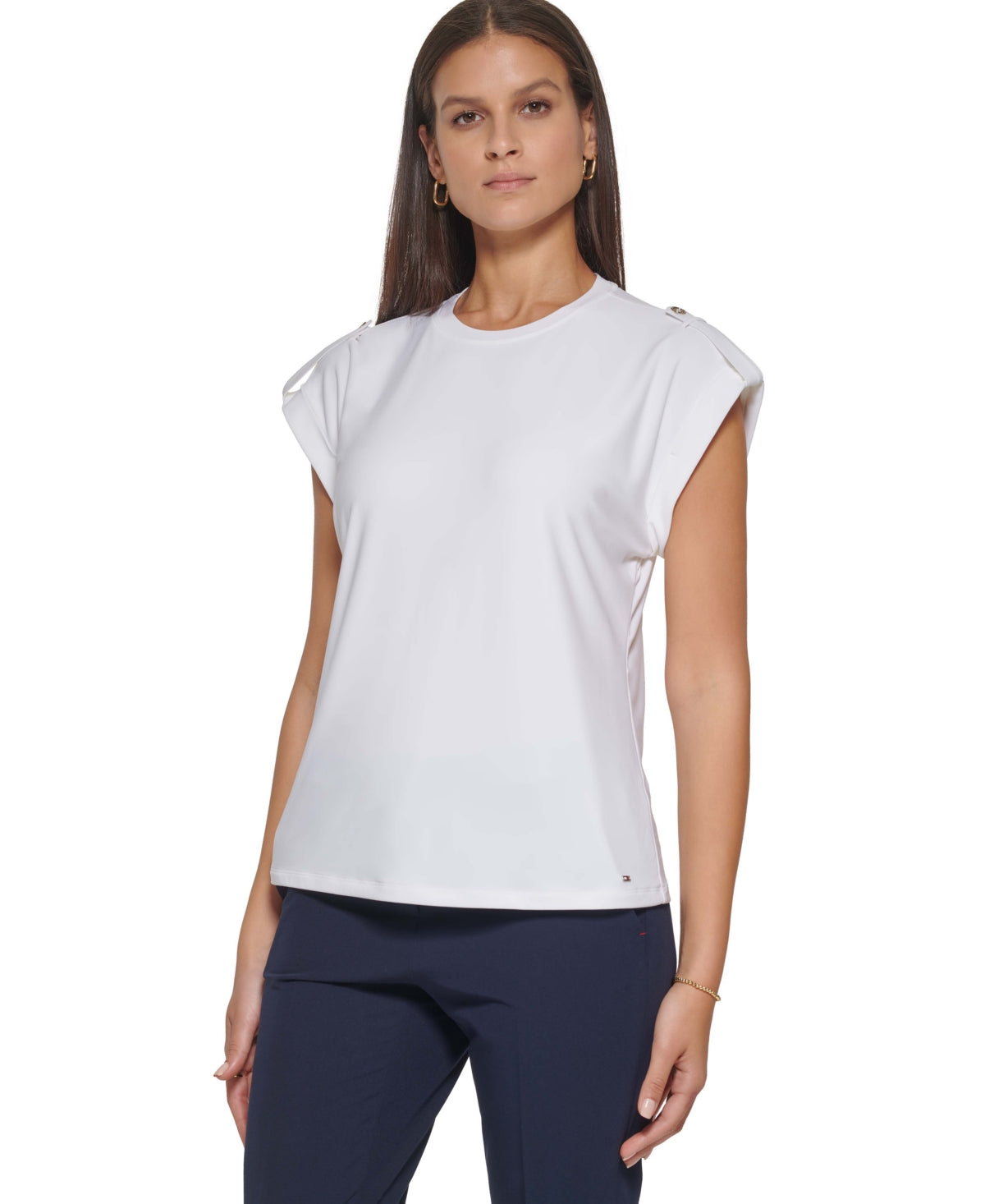 Tommy Hilfiger Blusa Feminina Manga Curta Epaulet Branca Tamanho XS