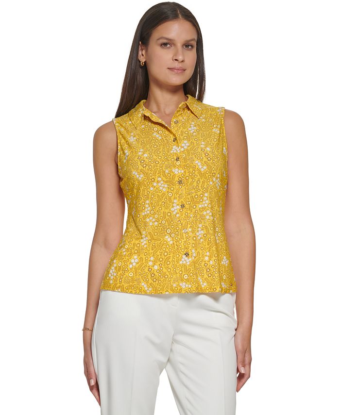 Tommy Hilfiger Camiseta Feminina Estampa Floral com Botões Frontais Amarela Tamanho Grande