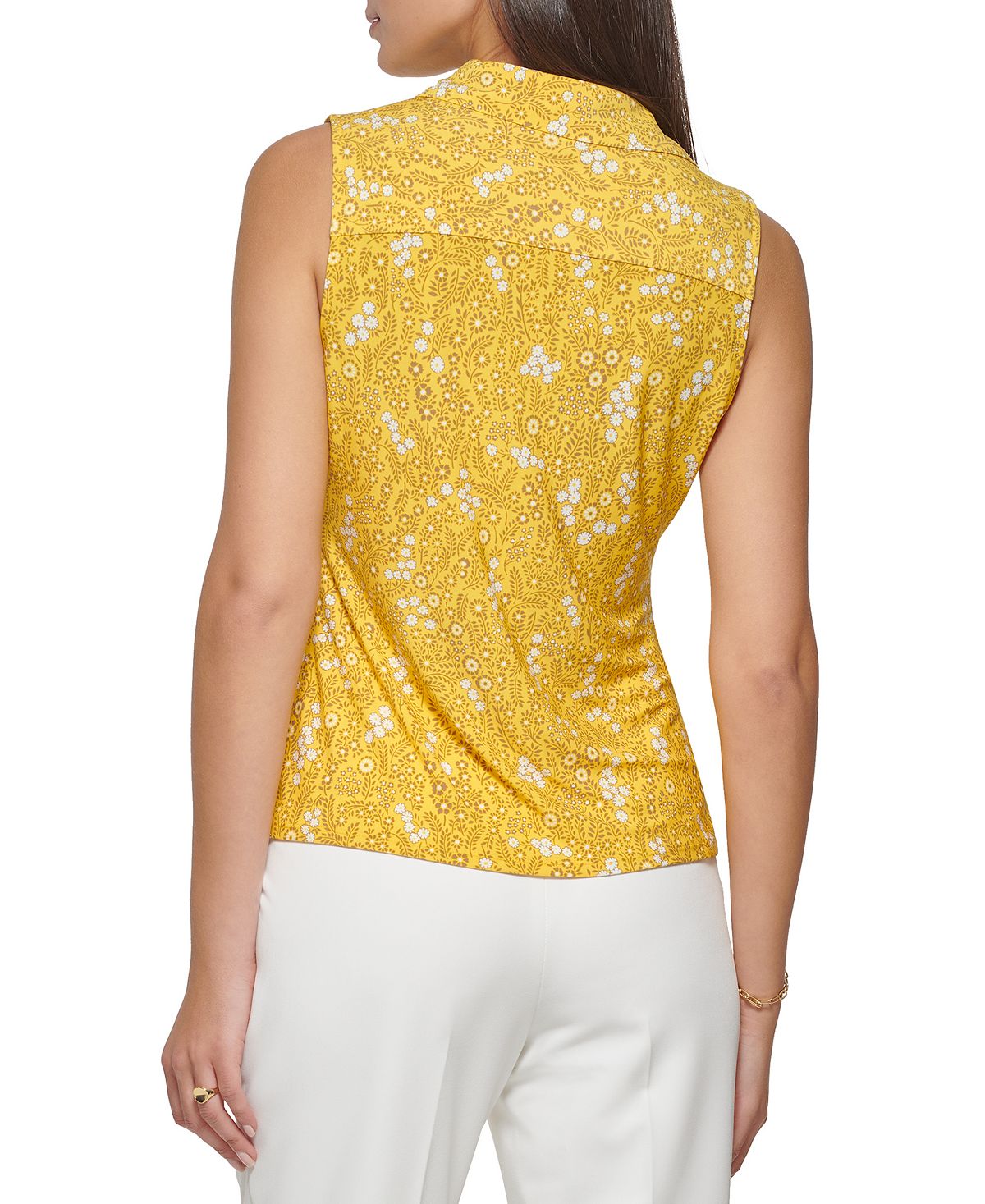 Tommy Hilfiger Camiseta Feminina Estampa Floral com Botões Frontais Amarela Tamanho Grande