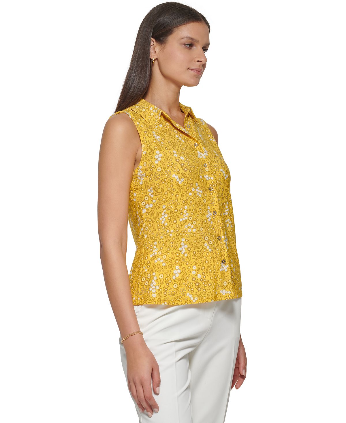 Tommy Hilfiger Camiseta Feminina Estampa Floral com Botões Frontais Amarela Tamanho Grande