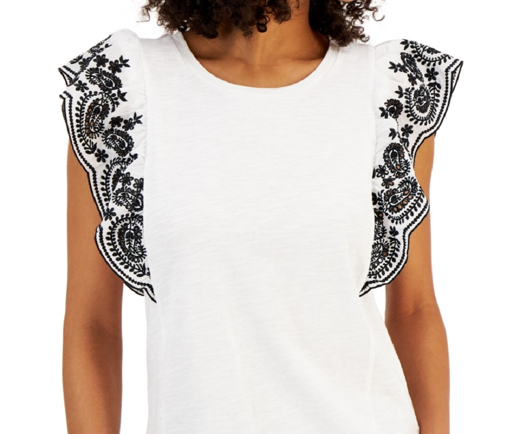 Tommy Hilfiger Blusa Feminina de Algodão com Ilhós e Manga Flutter, Branca, Tamanho Médio