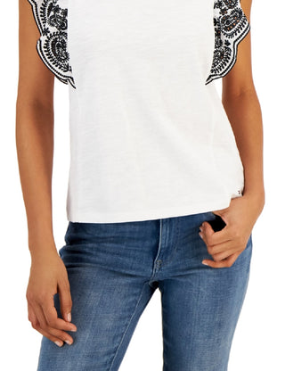 Tommy Hilfiger Blusa Feminina de Algodão com Ilhós e Manga Flutter, Branca, Tamanho Médio