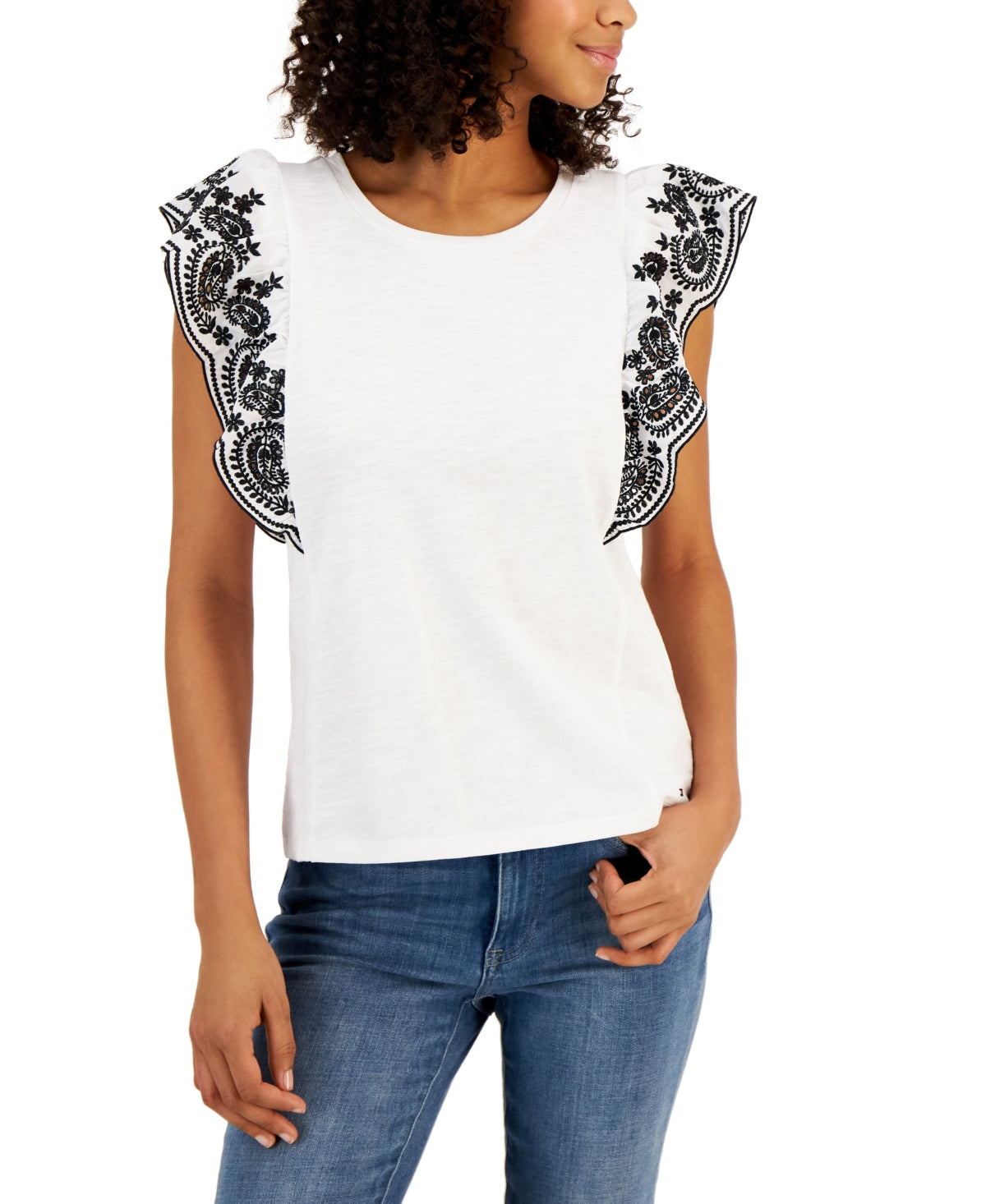 Tommy Hilfiger Blusa Feminina de Algodão com Ilhós e Manga Flutter, Branca, Tamanho Médio