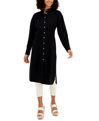 Camisa túnica feminina Tommy Hilfiger de algodão com ilhós, preta, tamanho médio