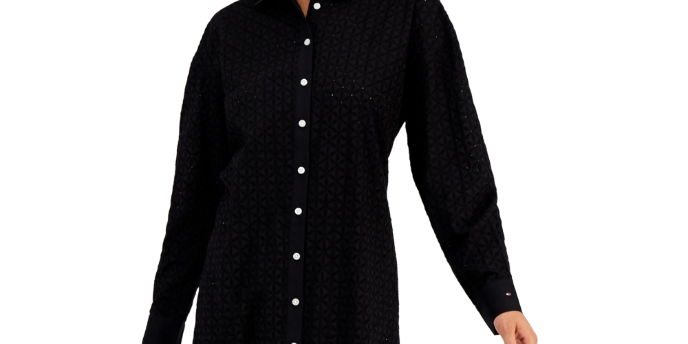 Camisa túnica feminina Tommy Hilfiger de algodão com ilhós, preta, tamanho médio
