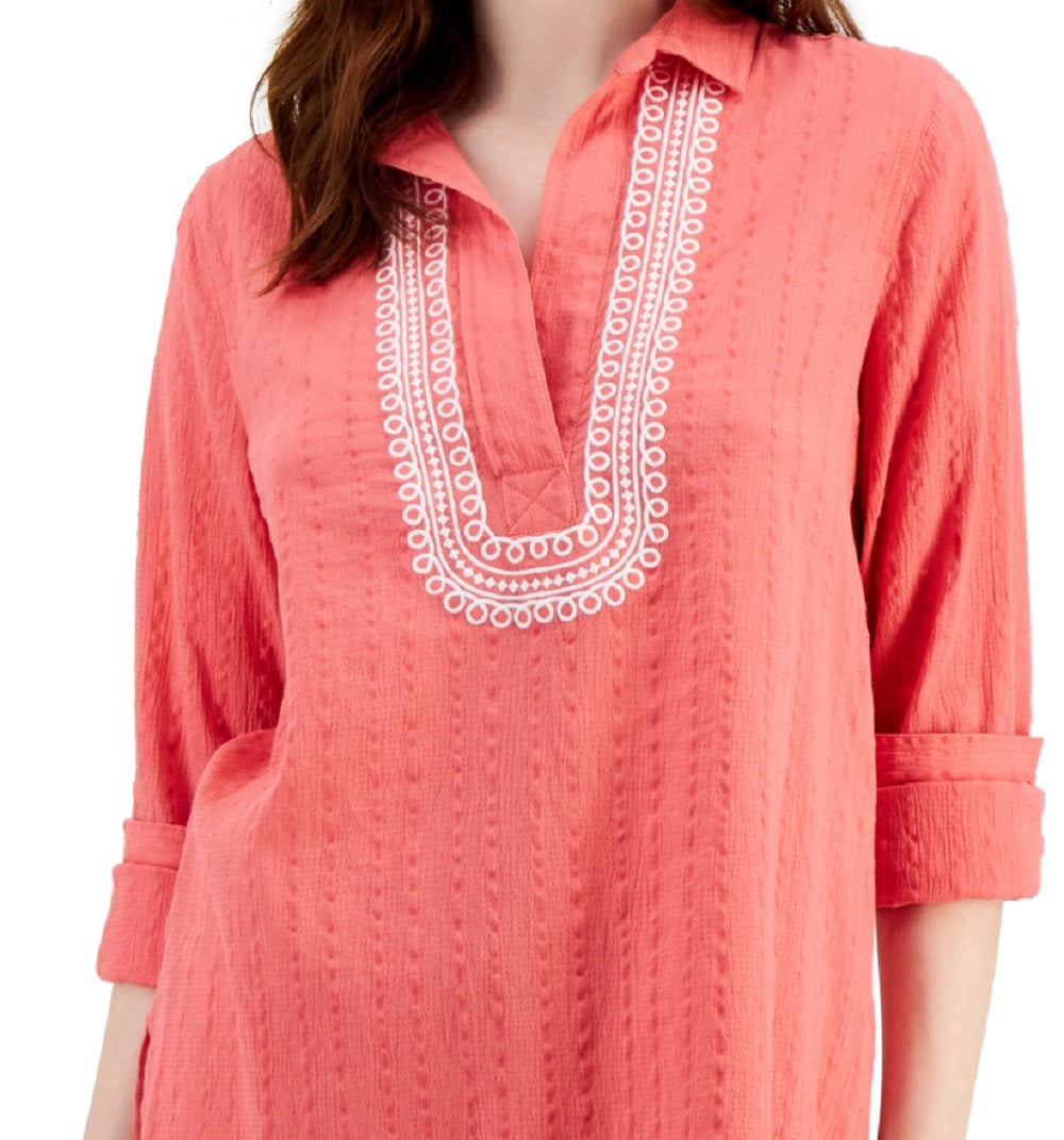 Blusa túnica texturizada bordada feminina Tommy Hilfiger, laranja, tamanho grande