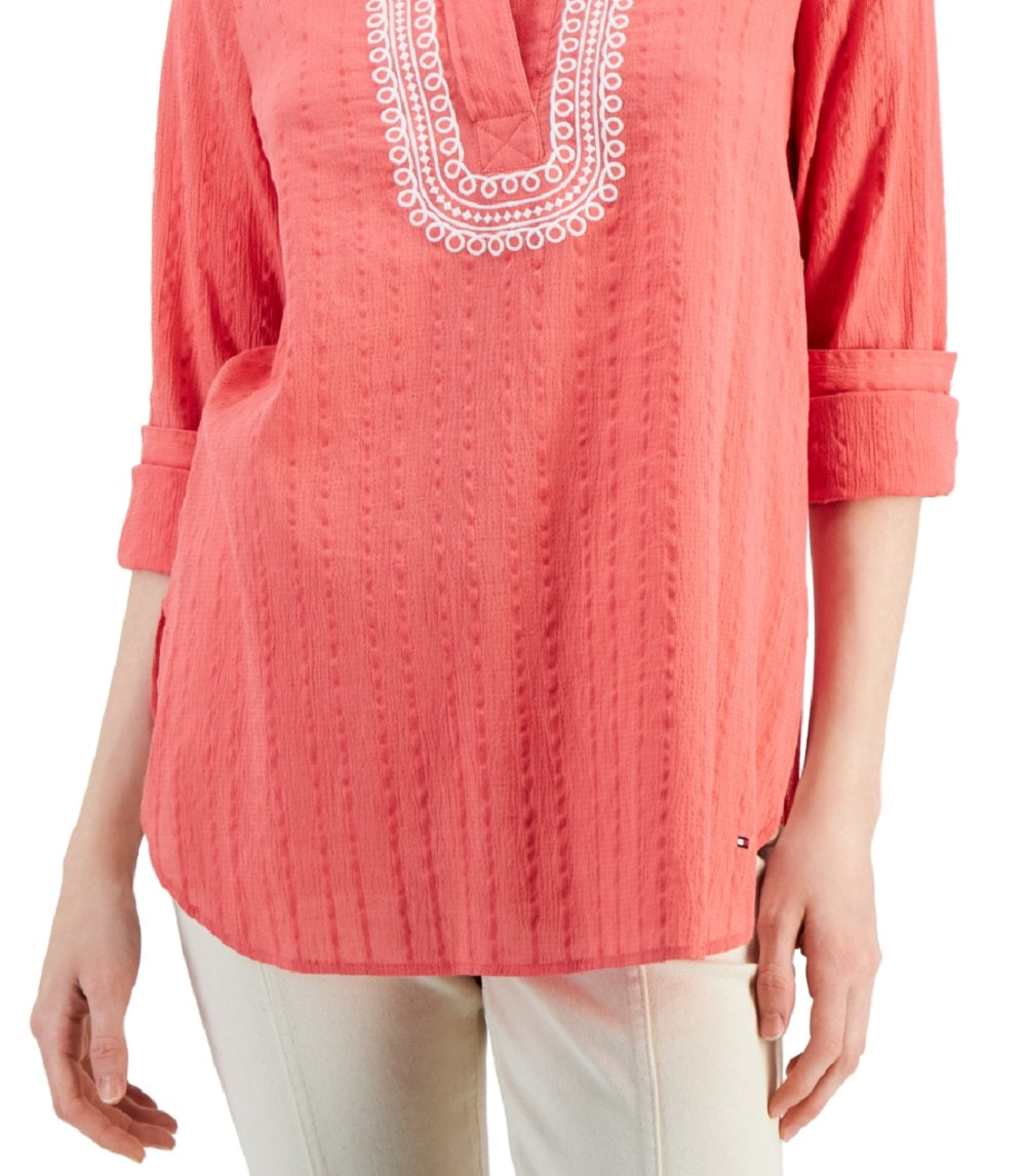 Blusa túnica texturizada bordada feminina Tommy Hilfiger, laranja, tamanho grande