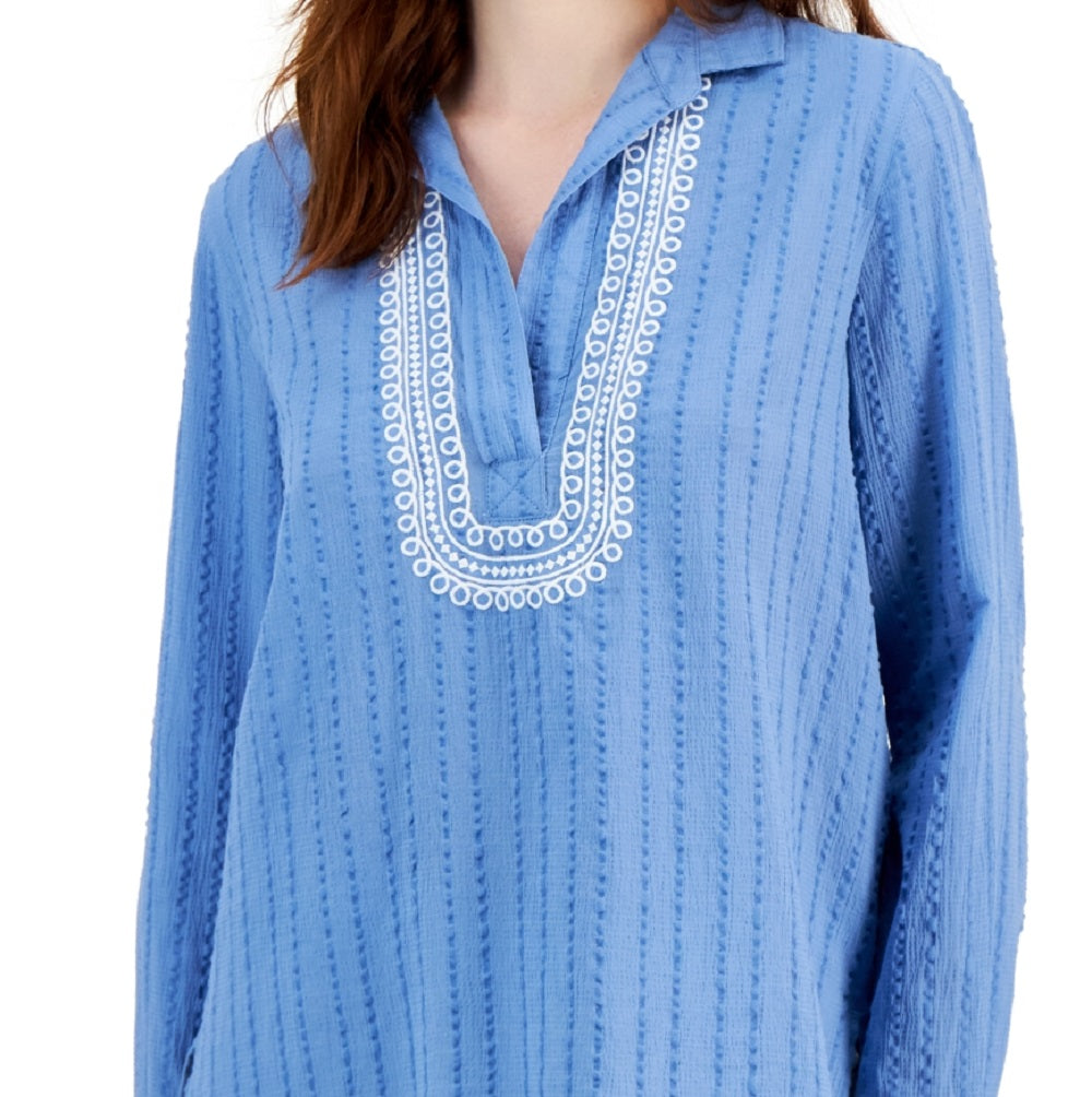 Tommy Hilfiger Blusa Túnica Texturizada Bordada Feminina Azul Tamanho P