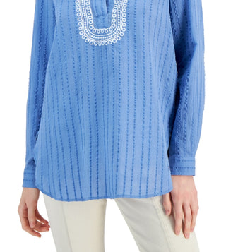 Tommy Hilfiger Blusa Túnica Texturizada Bordada Feminina Azul Tamanho P