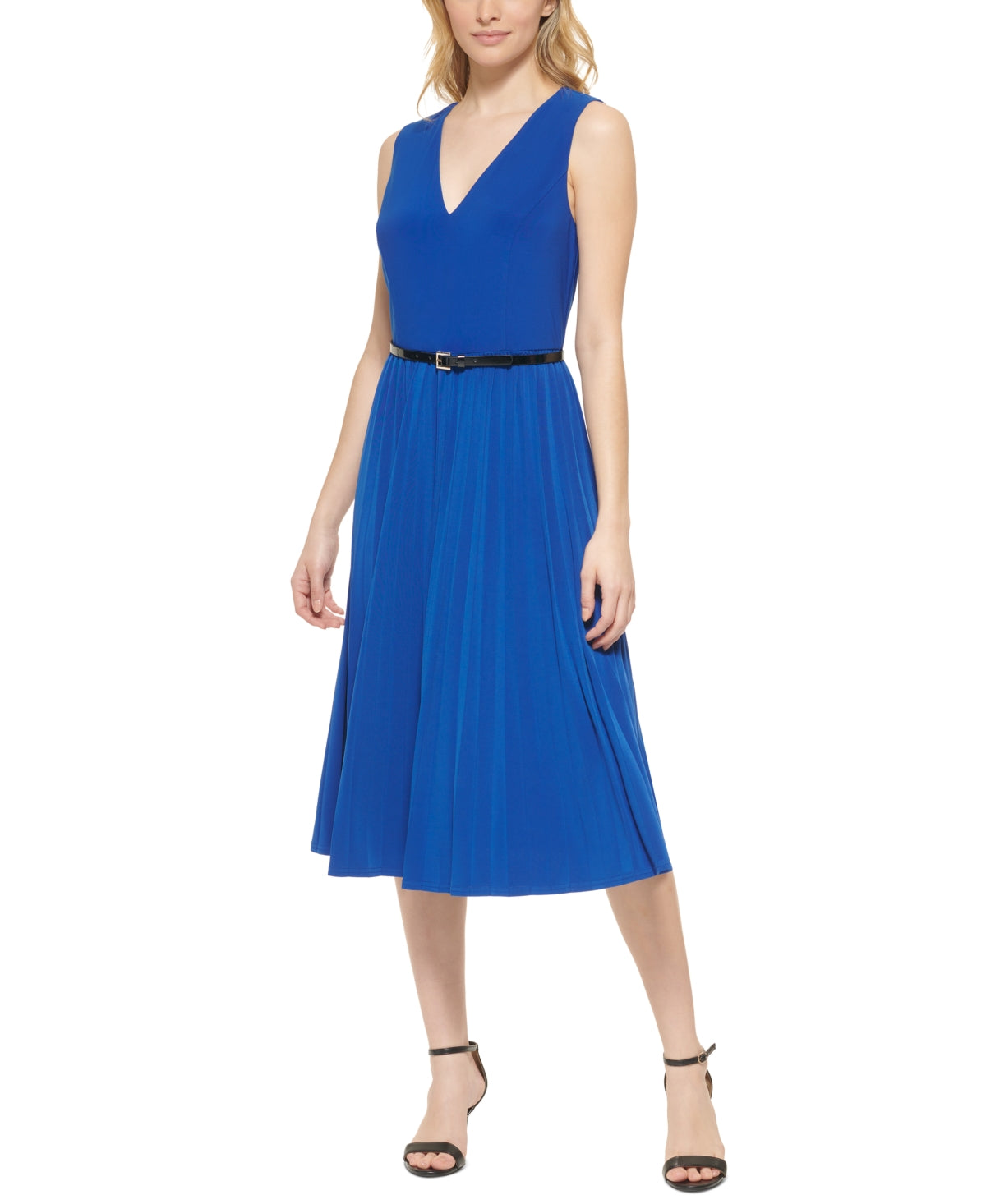 Vestido midi plissado com cinto Tommy Hilfiger feminino, azul, tamanho 8