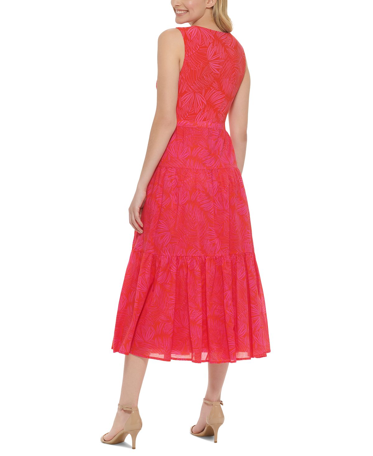 Vestido midi feminino Tommy Hilfiger com estampa de palmeiras e algodão, rosa, tamanho 10