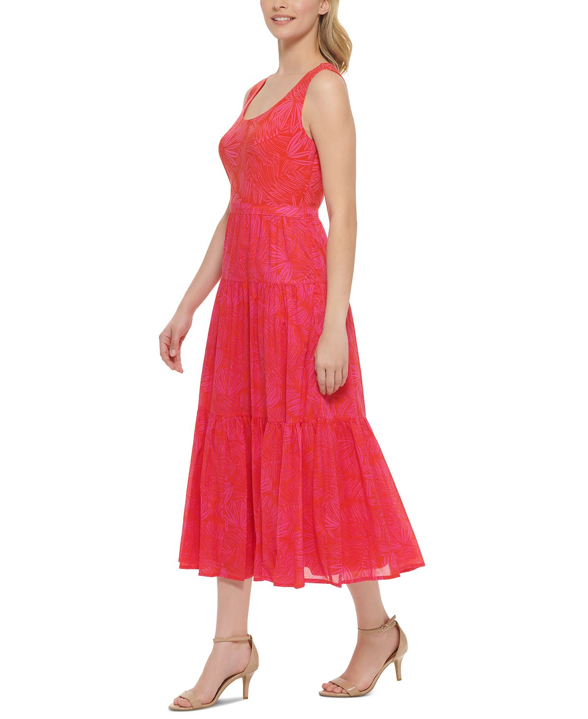 Vestido midi feminino Tommy Hilfiger com estampa de palmeiras e algodão, rosa, tamanho 10