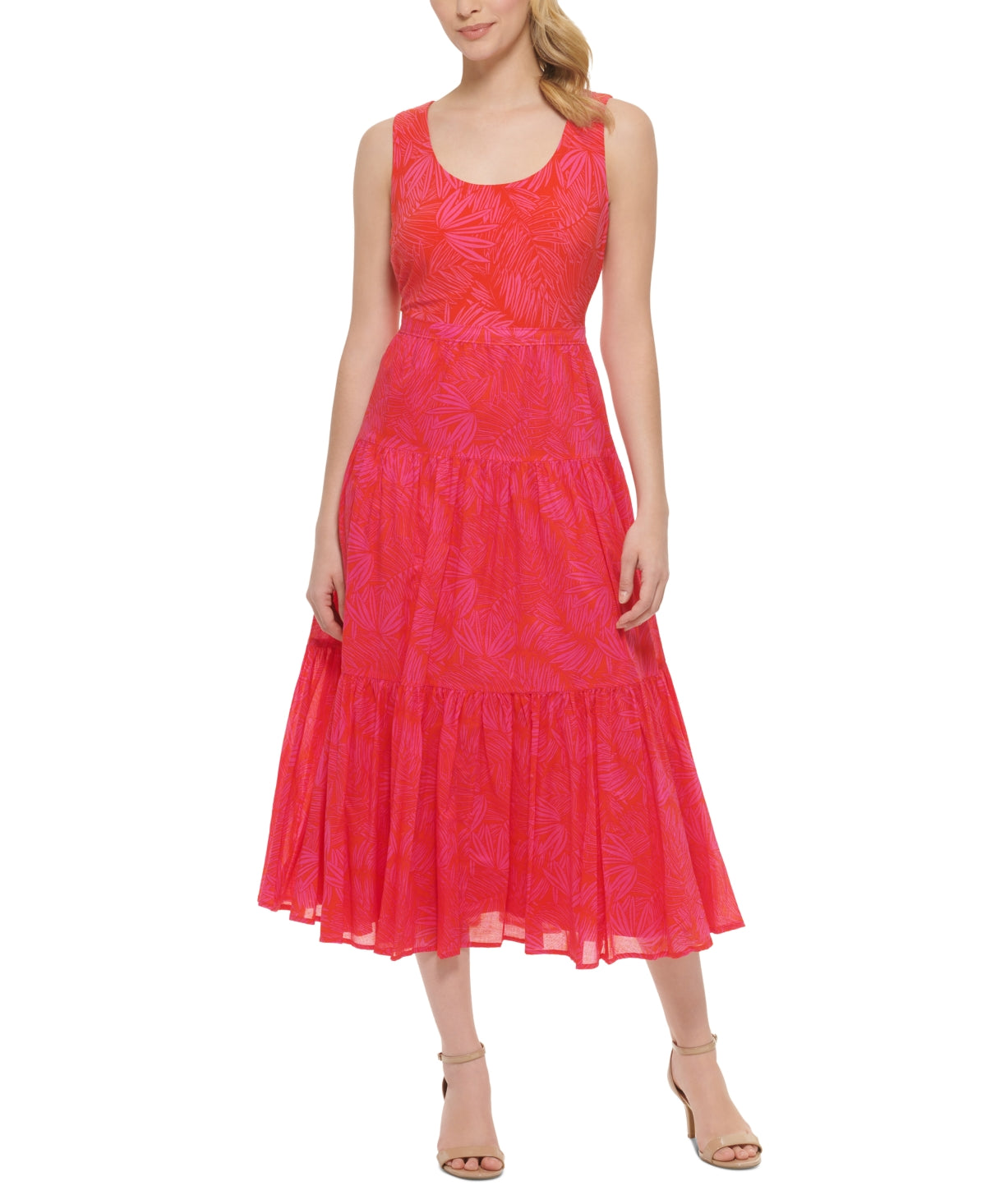 Vestido midi feminino Tommy Hilfiger com estampa de palmeiras e algodão, rosa, tamanho 10