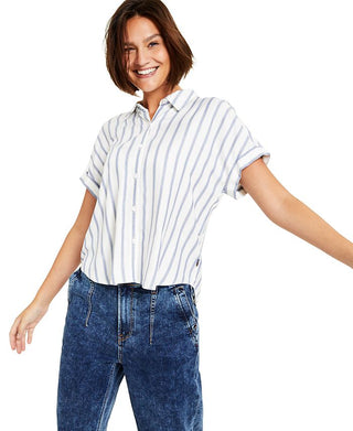 Tommy Jeans Feminino Listrado Botão Frontal Top Azul Tamanho Médio