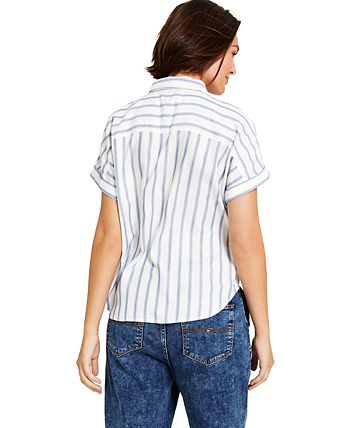 Tommy Jeans Feminino Listrado Botão Frontal Top Azul Tamanho Médio