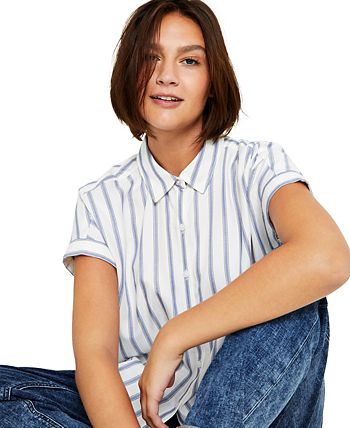 Tommy Jeans Feminino Listrado Botão Frontal Top Azul Tamanho Médio