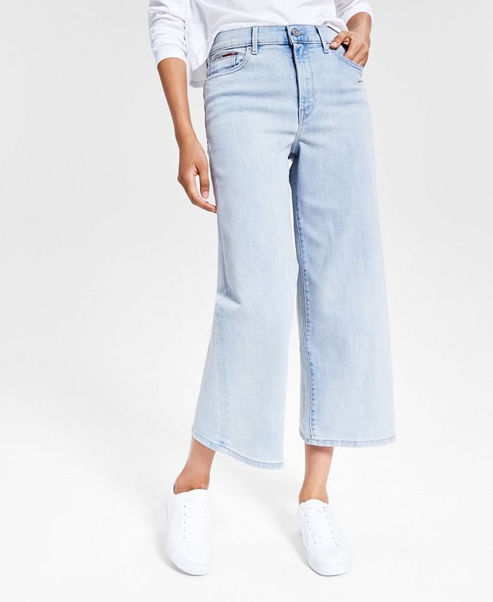 Calça jeans feminina Tommy Jeans cintura alta cropped perna larga azul