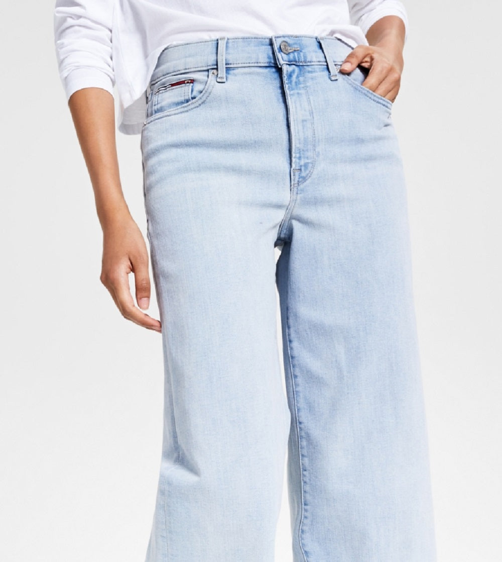Calça jeans feminina Tommy Jeans cintura alta cropped perna larga azul