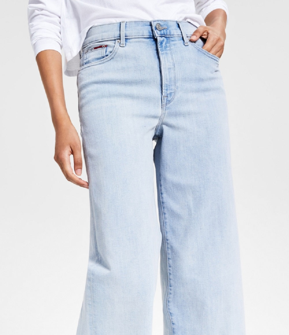 Calça jeans feminina Tommy Jeans cintura alta, cropped, perna larga, azul, tamanho 26