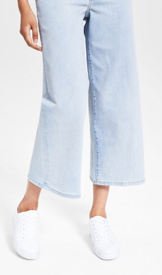Calça jeans feminina Tommy Jeans cintura alta, cropped, perna larga, azul, tamanho 26