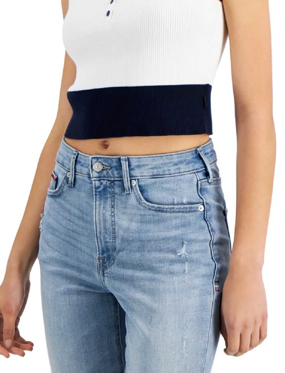 Tommy Jeans Feminino Algodão Cropped Colorblocked Suéter Regata Branca Tamanho Grande
