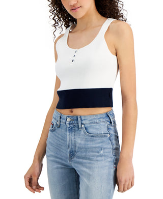 Tommy Jeans Feminino Algodão Cropped Colorblocked Suéter Regata Branca Tamanho Grande